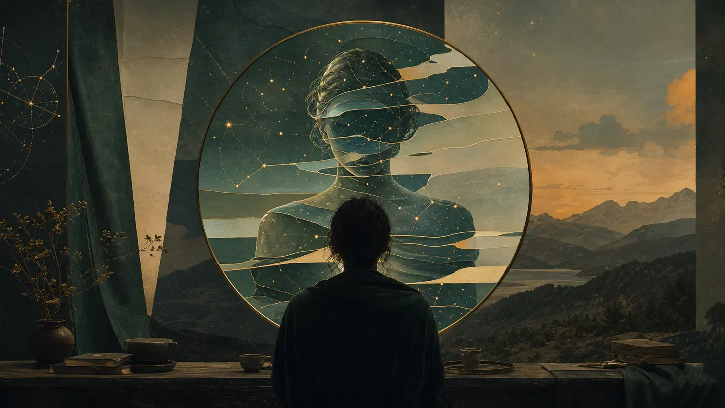 一名背對觀者的人凝視圓形鏡面，鏡中人像由星點與錯位的風景層次拼合而成